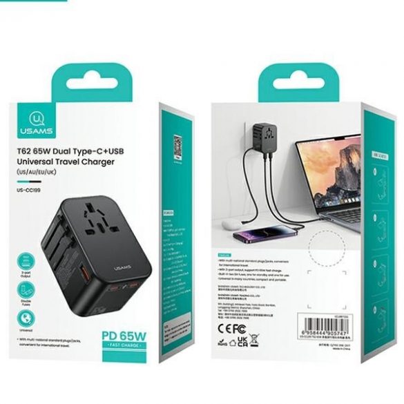 Adaptor USAMS siec 1xUSB+2xUSB-C T62 65W 4w1 US/AU/EU/UK czarny/negru CC199TC01 (US-CC199) Încărcător de călătorie Univesal