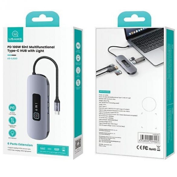 Adaptor USAMS HUB 6w1 2xUSB 3.0/TF/SD/ USB-C/HDMI PD100W szary/tarnish SJ642HUB01 (US-SJ642)