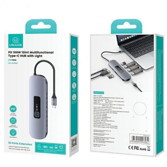 Adaptor USAMS HUB 10w1 3xUSB 3.0/TF/SD/ USB-C/HDMI/RJ45/VGA PD100W szary/tarnish SJ644HUB01 (US-SJ644)