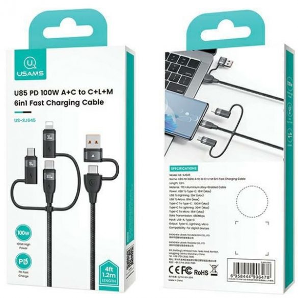 USAMS Kabel U85 2xUSB-C/USB/Micro-USB/ Lightning 6w1 1,2m 100W PD Fast Charge czarny/negru SJ645USB01 (US-SJ645)