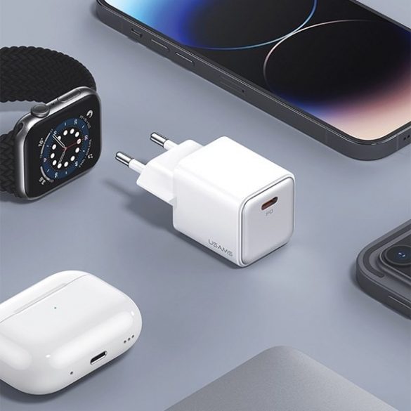 USAMS Ład. siec. 1xUSB-C PD20W PD3.0 Încărcare rapidă US-CC183 + cablu USB-C/Lightning US-SJ610 biał/alb Seria YX YXXLOGTC03