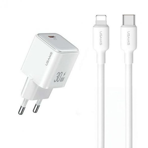 USAMS Ład. siec. 1xUSB-C PD30W PD3.0 Încărcare rapidă US-CC186 + cablu USB-C/Lightning US-SJ610 biał/alb Seria YX YXXLOGTC04