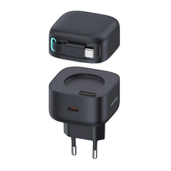 Rețea de încărcare USAMS. 1xUSB-C cu cablu USB-C retractabil (doar cap) PD+QC 35W Gan Fast Charging negru/negru XMF Series CC202TC01 (US-CC202)