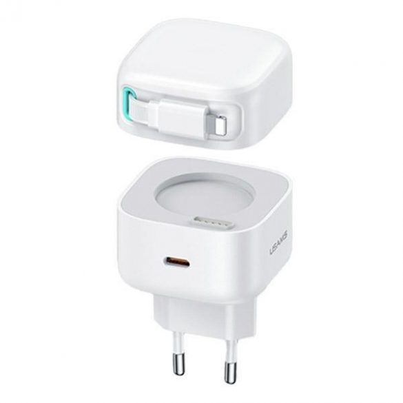 USAMS Ład. siec. 1xUSB-C ze zwijanym kablem Lighning (numai cap) PD+QC 35W Gan Fast Charging biały/alb Seria XMF CC209TC02 (US-CC209)