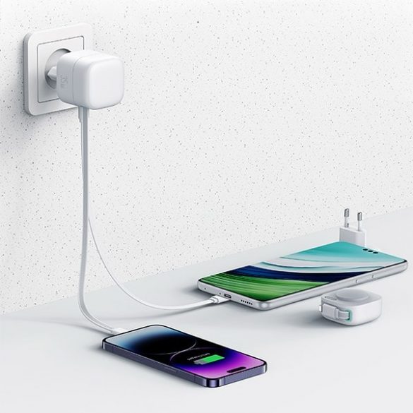 USAMS Ład. siec. 1xUSB-C ze zwijanym kablem Lighning (numai cap) PD+QC 35W Gan Fast Charging biały/alb Seria XMF CC209TC02 (US-CC209)