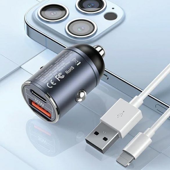 USAMS Ład. sam. 1xUSB+1xUSB-C C38 30W PD Fast Charge z wbudowanym pieścieniem stalowy/tarnish CC206CC01 (US-CC206)