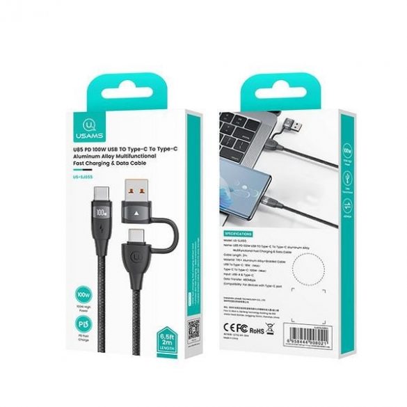 USAMS Kabel U85 2xUSB-C/USB-A 2m 100W PD Încărcare rapidă czarny/negru SJ655USB01 (US-SJ655)