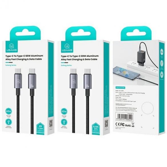 USAMS Kabel USB-C și USB-C 60W 1,2m Încărcare rapidă stalowy/tarnish SJ661USB01 (US-SJ661)