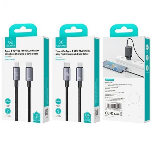 USAMS Kabel USB-C și USB-C 60W 1,2m Încărcare rapidă stalowy/tarnish SJ661USB01 (US-SJ661)