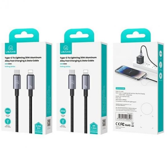 USAMS Kabel USB-C cu Lightning 30W 2m Încărcare rapidă slăbită/pătălește SJ665USB01 (US-SJ665)