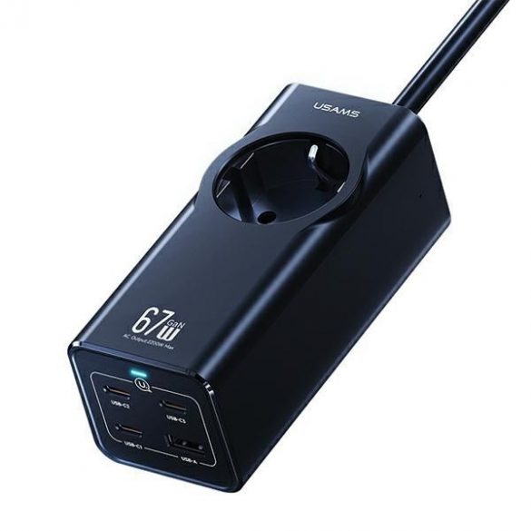 USAMS Listwa zasilająca 67W 3x USB-C + cablu prelungitor de încărcare rapidă USB EU czarny/negru CC225TC01 (US-CC225)