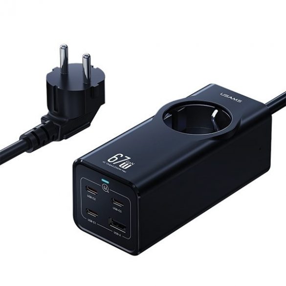 USAMS Listwa zasilająca 67W 3x USB-C + cablu prelungitor de încărcare rapidă USB EU czarny/negru CC225TC01 (US-CC225)