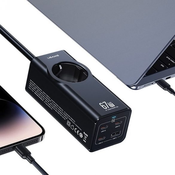 USAMS Listwa zasilająca 67W 3x USB-C + cablu prelungitor de încărcare rapidă USB EU czarny/negru CC225TC01 (US-CC225)