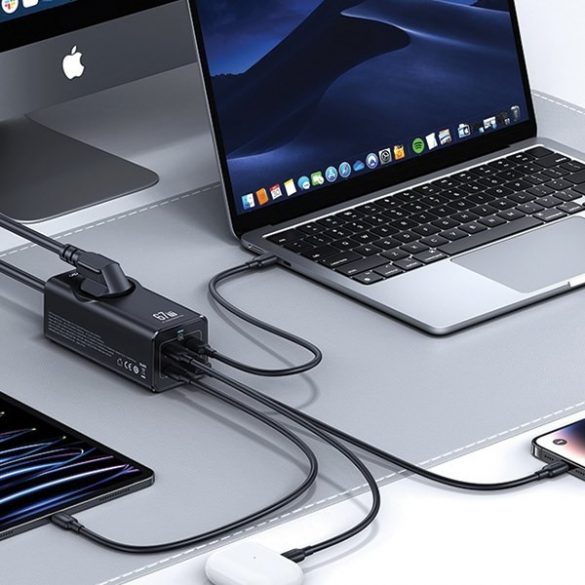 USAMS Listwa zasilająca 67W 3x USB-C + cablu prelungitor de încărcare rapidă USB EU czarny/negru CC225TC01 (US-CC225)