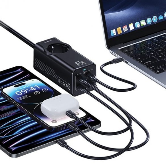 USAMS Listwa zasilająca 67W 3x USB-C + cablu prelungitor de încărcare rapidă USB EU czarny/negru CC225TC01 (US-CC225)