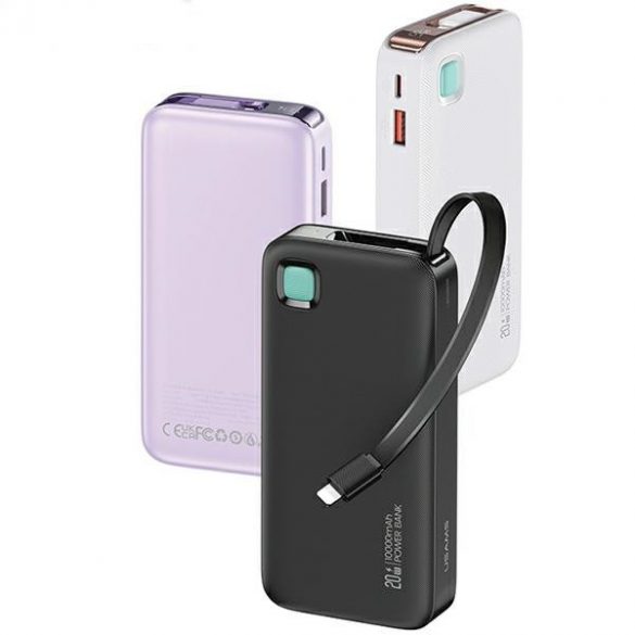 USAMS Powerbank ze zwijanym kablem Lightning retractabil 10000 mAh PD 20W Încărcare rapidă Seria XY fioletowy/violet 10KCD22503 (US-CD225)