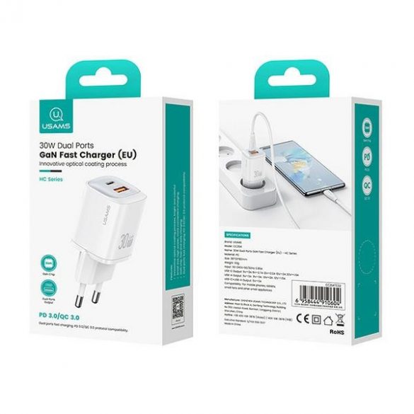 USAMS Ład. siec. CC254 30W GaN USB-C/USB-A Încărcare rapidă Seria HC biał/alb CC254TC02