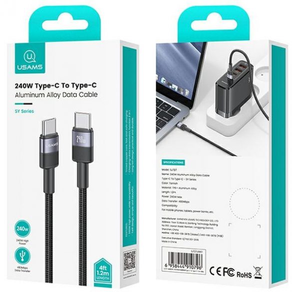 USAMS Kabel pleciony 240W USB-C/USB-C 1,2m SY Series ternish SJ727USB01