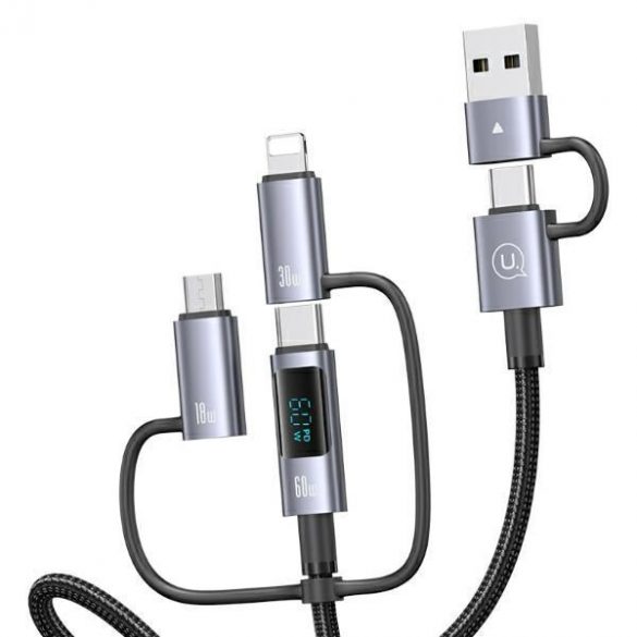 USAMS SJ736 Sufeng Series USB-A/Type-C - Type-C/Lightning/microUSB cablu cu afișaj 60W 2m - gri