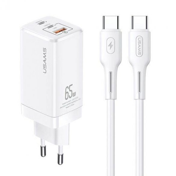 USAMS Ład. siec. MT 2xUSB-C+USB GaN 65W T33 PD + cablu USB-C-USB-C 100W Încărcare rapidă biały/alb MTXLOGTC02