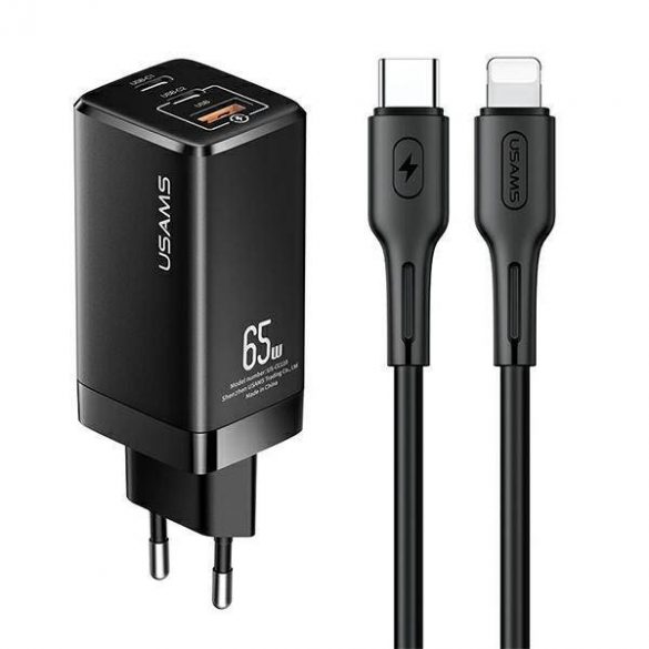 USAMS Ład. siec. MT 2xUSB-C+USB GaN 65W T33 PD + cablu USB-C-Lightning 30W Încărcare rapidă czarny/negru MTXLOGTL01