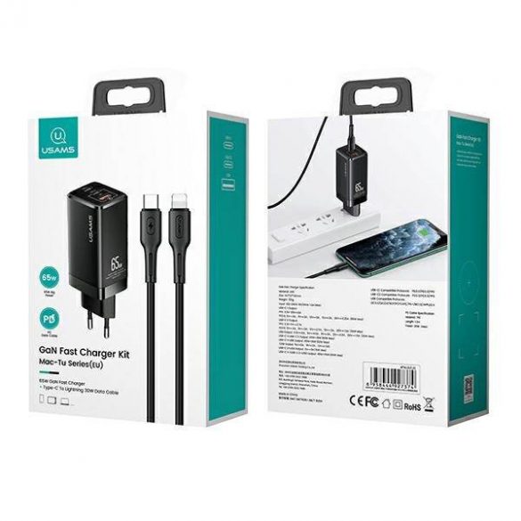 USAMS Ład. siec. MT 2xUSB-C+USB GaN 65W T33 PD + cablu USB-C-Lightning 30W Încărcare rapidă czarny/negru MTXLOGTL01