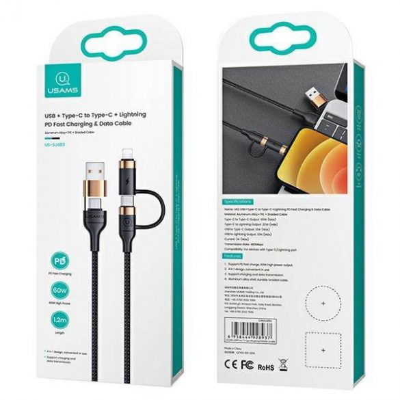 USAMS Kabel pleciony U62 2xUSB-C/USB-A /lightning 1,2m PD Fast Charge czarny/negru SJ483USB01 (US-SJ483)