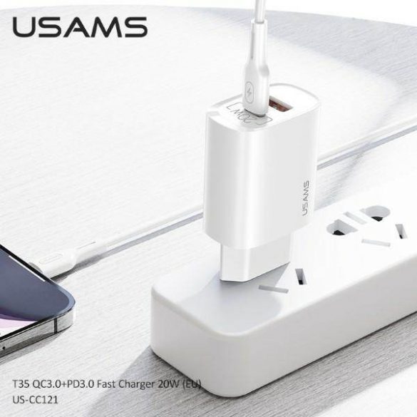 USAMS Ład. siec. 1xUSB-C+1xUSB T35 20W (numai cap) PD3.0 +QC3.0 Încărcare rapidă biały/alb CC121TC01 (US-CC121)