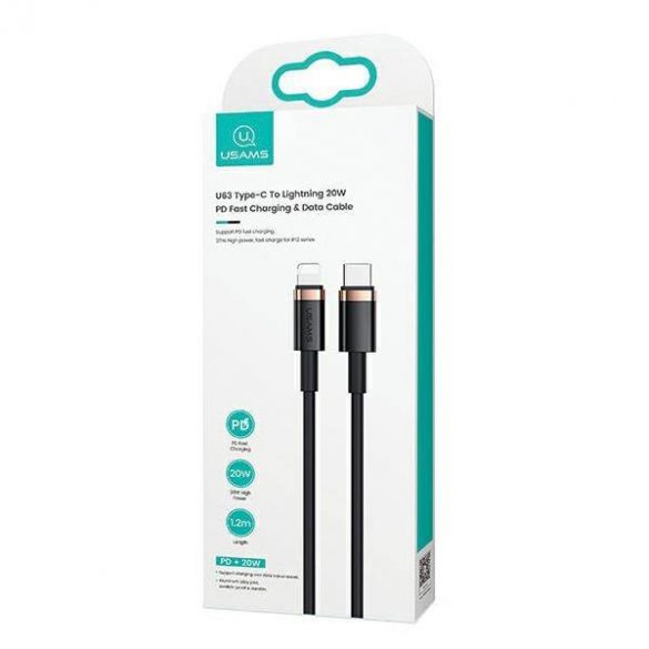 USAMS Kabel U63 USB-C cu Lightning 1,2m 20W PD Încărcare rapidă negru/negru SJ484USB01 (US-SJ484)