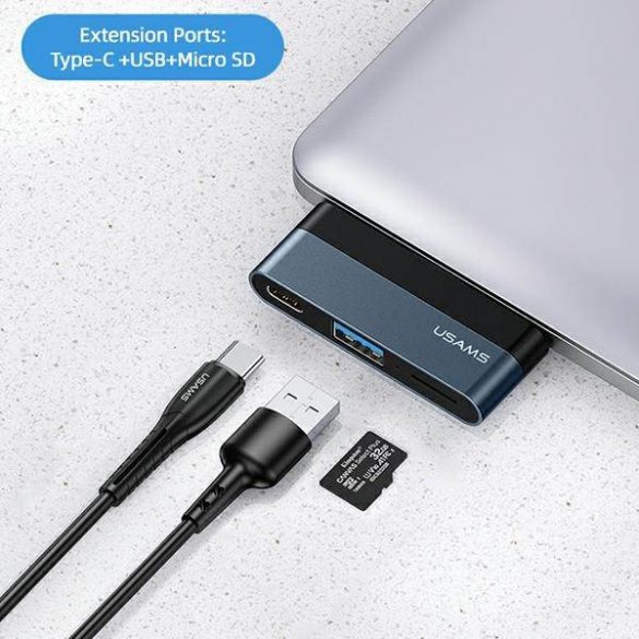 Adaptor USAMS HUB USB 3.0/USB-C/Micro SD szary/gri SJ491HUB01 (US-SJ491)