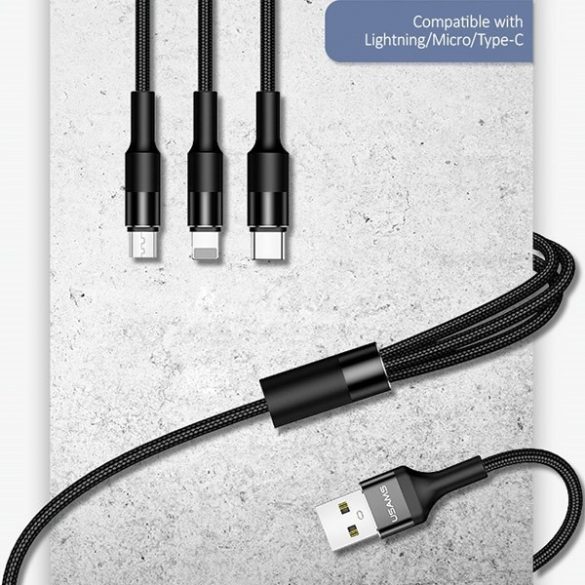 USAMS Kabel pleciony U5 3w1 1,5m 2A czarny/negru (fulger/microUSB/USB-C) SJ2193IN101 (US-SJ219)