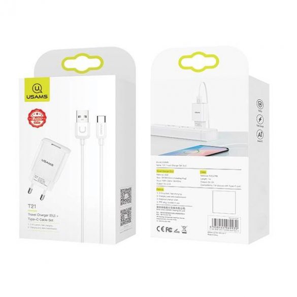 USAMS Ład. siec. 1xUSB T21 USB-C alb/alb 2,1A Încărcare rapidă T21OCTC01