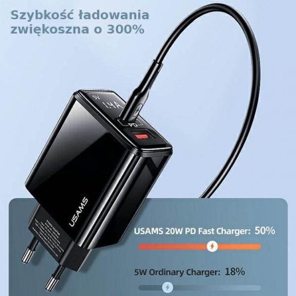 USAMS Ład. siec. 1xUSB-C+1xUSB T40 LED 20W (numai cap) PD3.0 +QC3.0 Încărcare rapidă czarny/negru CC133TC01 (US-CC133)