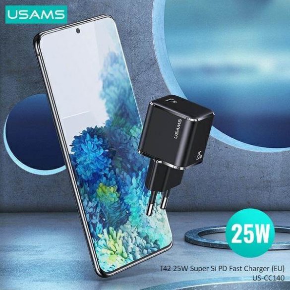 USAMS Ład. siec. 1xUSB-C T42 mini 25W (doar cap) Super SI 5V-3A PD3.0 Încărcare rapidă czarny/negru CC140TC01 (US-CC140)