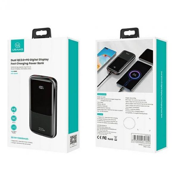 Powerbank USAMS PB58 10000mAh 22,5W QC3.0+PD Încărcare rapidă czarny/negru 10KCD16101 (US-CD161)