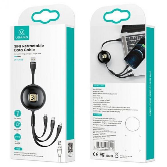 USAMS Kabel U69 3w1 1m czarny/negru (fulger/microUSB/USB-C) SJ508USB01 (US-SJ508)