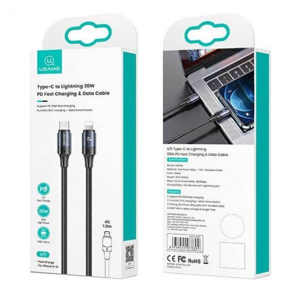 USAMS Kabel U71 USB-C cu Lightning 1,2m 20W PD Încărcare rapidă negru/negru SJ521USB01 (US-SJ521)