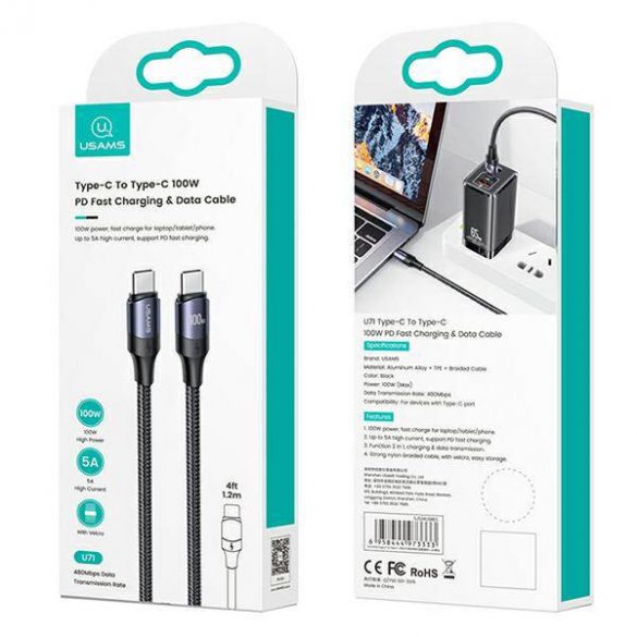 USAMS Kabel U71 USB-C și USB-C 2m 100W PD Încărcare rapidă negru/negru SJ525USB01 (US-SJ525)