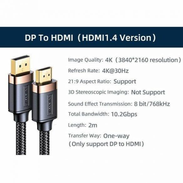 USAMS Kabel DP - HDMI U74 2,0 ​​m negru/negru 4K HD SJ530HD01 (US-SJ530)