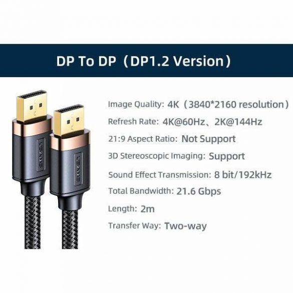 USAMS Kabel DP - DP U74 2,0 ​​m czarny/negru 4K HD SJ531HD01 (US-SJ531)