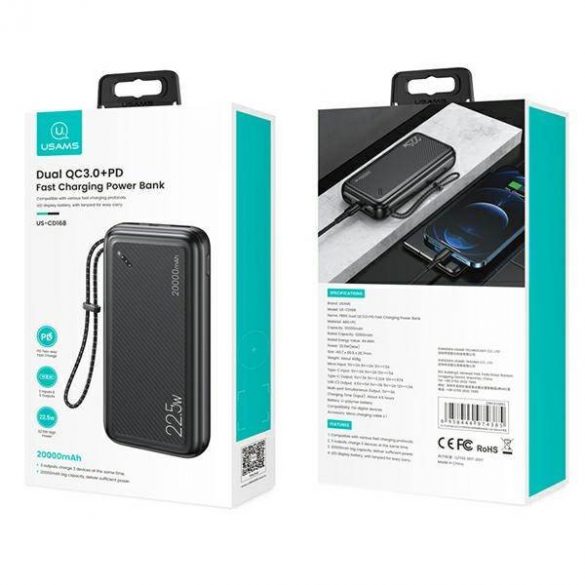 USAMS Powerbank PB60 20000mAh 22.5W 2xQC3.0+PD încărcare rapidă negru / negru 20KCD16801 (US-CD168)