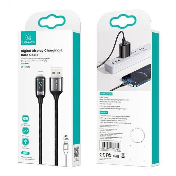 USAMS cablu împletit U78 lightning 1.2m LED 2.4A încărcare rapidă negru / negru SJ543USB01 (US-SJ543)