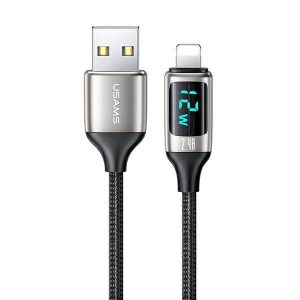 USAMS Kabel pleciony U78 lightning 1,2 m LED 2,4 A Încărcare rapidă argintiu negru SJ543USB02 (US-SJ543)