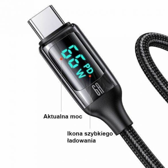 USAMS Kabel pleciony U78 USB-C 1,2 m LED 6A Încărcare rapidă czarny/negru SJ544USB01 (US-SJ544)