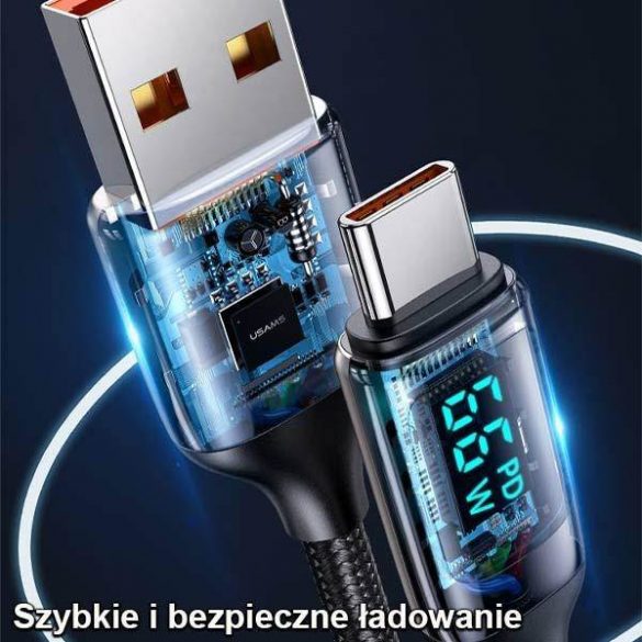 USAMS Kabel pleciony U78 USB-C 1,2 m LED 6A Încărcare rapidă czarny/negru SJ544USB01 (US-SJ544)