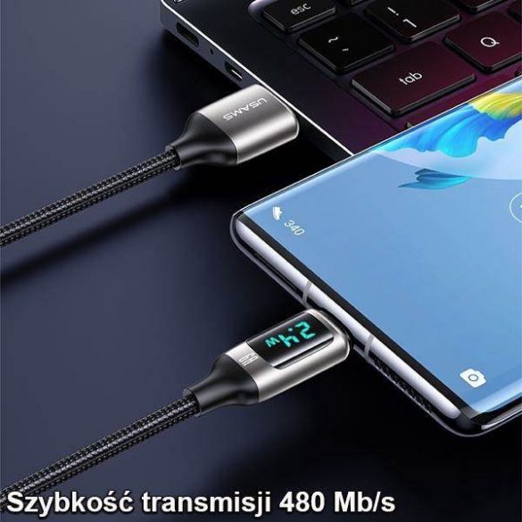 USAMS Kabel pleciony U78 USB-C 1,2 m LED 6A Încărcare rapidă czarny/negru SJ544USB01 (US-SJ544)