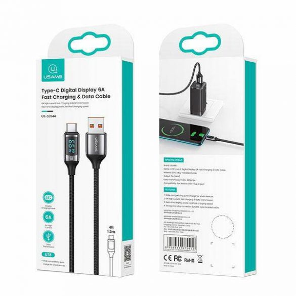 USAMS Kabel pleciony U78 USB-C 1,2 m LED 6A Încărcare rapidă czarny/negru SJ544USB01 (US-SJ544)