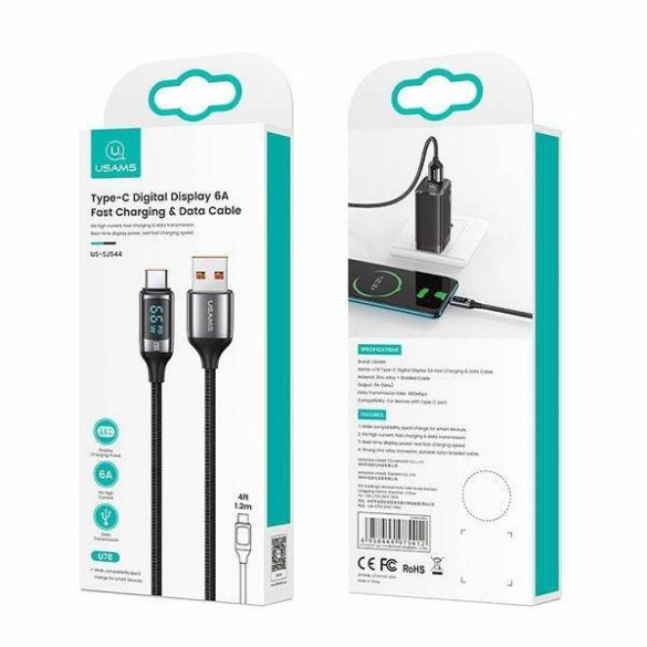 USAMS Kabel pleciony U78 USB-C 1,2 m LED 6A Încărcare rapidă biały/alb SJ544USB02 (US-SJ544)