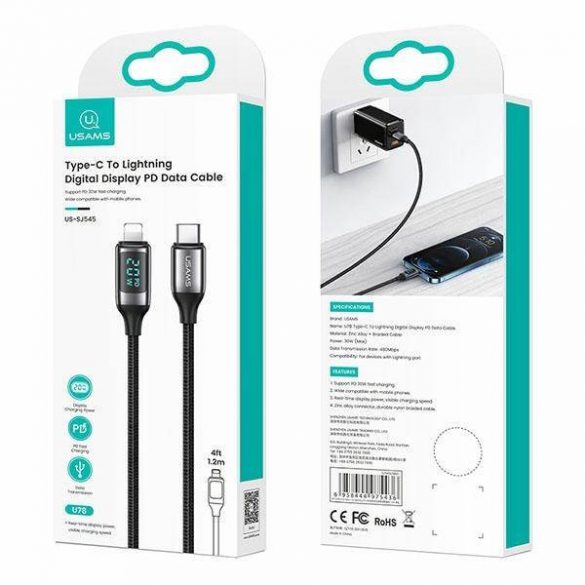 USAMS cablu împletit U78 USB-C na Lightning LED 1.2m 20W PD Fast Charge negru/negru SJ545USB01 (US-SJ545)