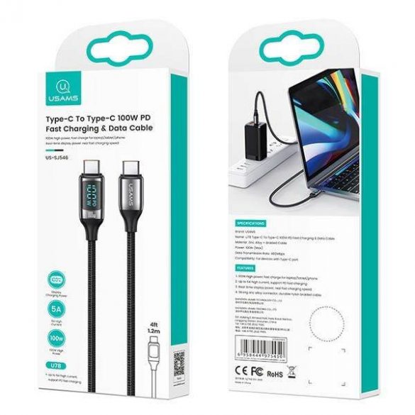 USAMS Kabel pleciony U78 USB-C și USB-C LED 1,2 m 100 W Încărcare rapidă biał/alb SJ546USB02 (US-SJ546)